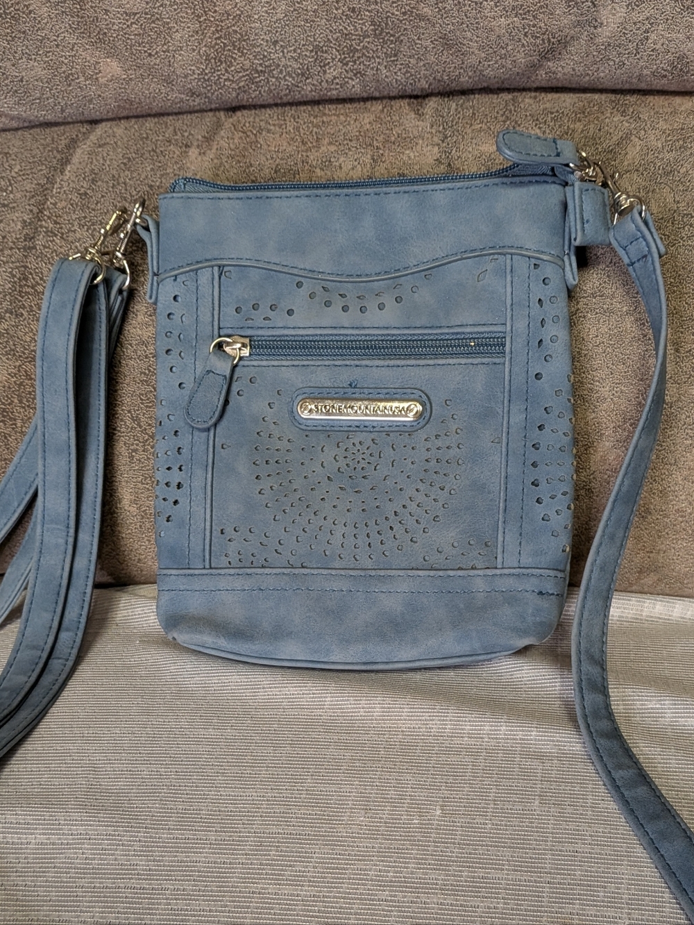 Stone Mountain Perforated Denim Blue Leather Convertible Crossbody / Wristlet